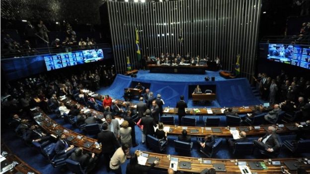 Bild der Plenarsitzung des Senats genommen während der Anklagenabstimmung gegen verschobenen Präsidenten Dilma Rousseff, am Senat in Brasilia, am 31. August 2016.